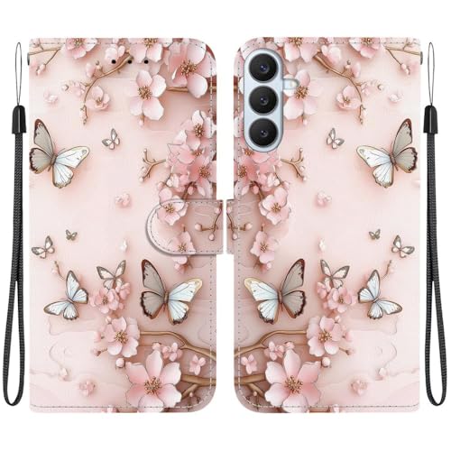 Étui pour Samsung S22 avec motif papillon rose et rabat en cuir