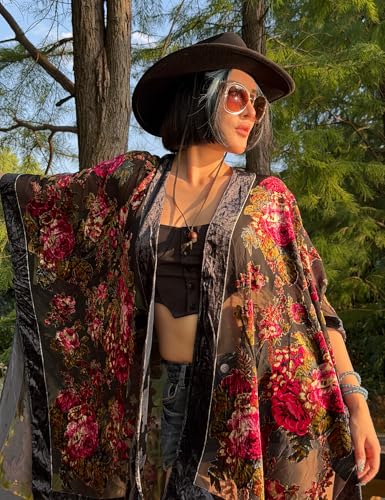 Image of Women's Burnout Velvet Kimono Long Cardigan Cover Up Casual Outfit