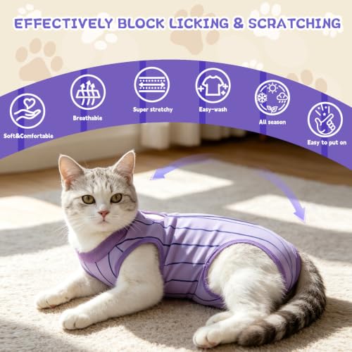 EMUST Cat Recovery Suit, Cat Surgery Recovery Suit Female for Spay Abdominal Wounds, Kitten Onesie After Surgery, E-Collar Alternative Anti Licking Recovery Onesie for Cats (Purple, S) — view 2
