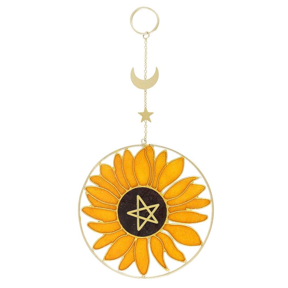 Summer Solstice Sunflower Suncatcher – Sunflower, Pentagram, Star, and Crescent Moon Design Metal and Resin Craftsmanship – Brightens Spaces with Cheerful Glow and Vibrant Colors