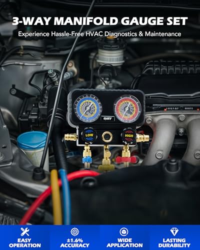 Orion Motor Tech 3 Way Manifold AC Gauges for R1234yf R404a R134a Refrigerant - Automotive HVAC Gauge Set with Hoses &