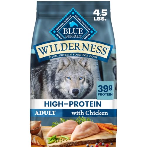 Blue Buffalo Wilderness Chicken Adult Dry Dog Food with Wholesome Grains + Antioxidant-Rich Fruits & Veggies 39g Protein Vibrant Energy for an Active Life Made with Natural Ingredients 4.5 lbs.