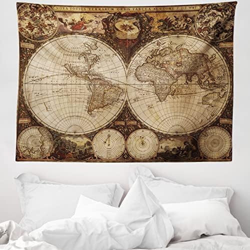 ABAKUHAUS World Map Tapestry, Old World Map Drawn in 1720s Nostalgic Style Art Historical Atlas Vintage Design, Fabric Wall Hanging Decor for Bedroom Living Room Dorm, 58 W X 43 L, Multicolor