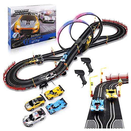2022 Upgraded Electric High-Speed Slot Car Race Car Track Sets with LED Lights, Including 4 1:43 Scale Slot Cars with Headlights and 2 Hand Controllers,Toys Gifts for 8 9 10 11 12+ Boys Girls