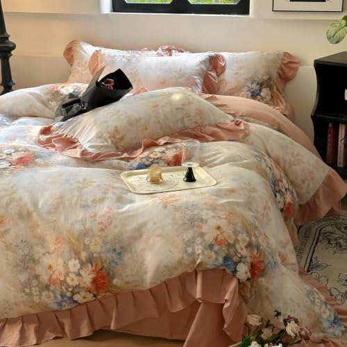Image of VM VOUGEMARKET Plush Pink Cotton Double Gauze Duvet Cover Set Queen Size,Garden Floral Print with Blush Pink Ruffle,Lightweight Breathable Cottagecore Garden Style Bedding Set-90x90