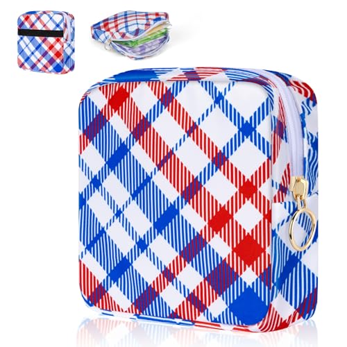 Image of Period Bag Pouch Soft Cloth Sanitary Napkin Storage Bag Portable Menstrual Pad Pouches Tampon Holder for Purse First Period Kit for Girls 9-12 (Red-blue Stripes)