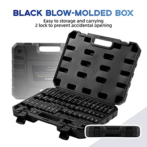 Image of Reniteco 48-Piece 3 /8 inch Drive Socket Set, SAE (5 /16 inch-3 /4 inch) & Metric (8mm-22mm), Deep & Shallow Sockets, Extension Bars, 1 /2 inch F to 3 /8 inch M Reducer, Universal Joint, 6 Point Design