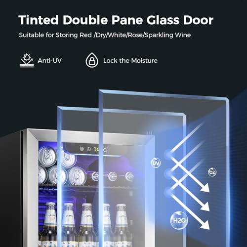 Kismile 3.2 Cu.ft Beverage Refrigerator and Cooler,130 Can Mini Fridge Glass Door,Digital Temperature Display for Soda, Beer or Wine, Small Drink Dispenser Cooler for Home, Office or Bar(Silver)