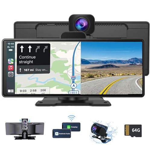 10.26" Touchscreen Wireless Carplay & Android Auto Screen for Car, Portable Car Radio with Dash Cam/DVR Loop Recording/1080P Backup Camera/64G TF Card/GPS/Bluetooth Car Radio Receiver