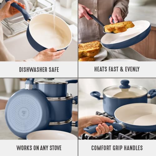 Image of GreenLife 16-Piece Nonstick Cookware Set, Non-Toxic Ceramic Pots and Pans Set, Durable Healthy Kitchen Essentials, Fast Heating, Induction Ready, Easy Clean Dishwasher Safe, PFAS-Free, Slate Blue