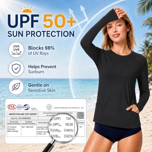 Long Sleeve Rash Guard for Women: UPF 50+ SPF UV Protection Dry fit Shirt with Pockets for Hiking Travel Outdoor — view 4