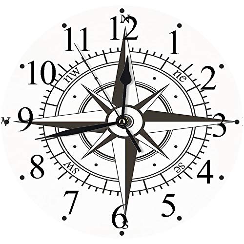 lautlosem Uhrwerk - 30 cm Rund Wanduhr,Kompass-Dekor, Windrose Old Fashion Navigationsgeräte Orientierungslauf Illustration Print, grau weiß,für