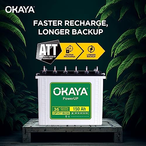 Image of OKAYA PowerUP OPHT18036 150Ah Tall Tubular Inverter Battery for Home, Office & Shops with Certified Extra Backup | Spillage Free & Low Maintenance Design | 36 Months Warranty