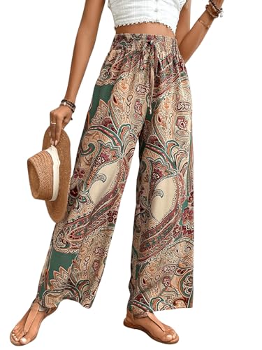 Floerns Women's Boho Allover Print Elastic Waist Belted Wide Leg Pants3
