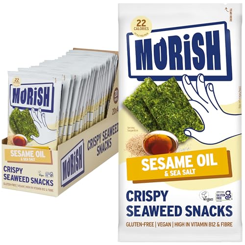 Image of MORiSH Crispy Sesame Oil Seaweed Snacks | 20 Pack, 22 Calories Each | Light & Crispy Roasted Seaweed Thins | Vegan, Gluten-Free, Sugar-Free, Keto-Friendly | High Fibre & Vitamin B12 | Korean Snack