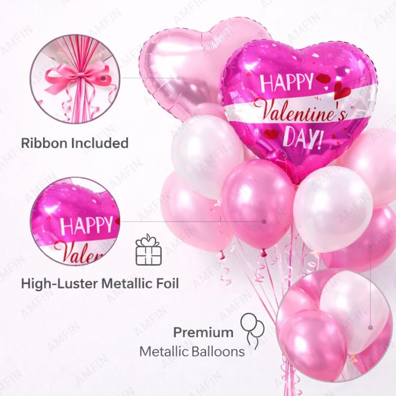 Image of AMFIN (Pack of 9) Happy Valentine's Day Balloon Decoration Set | Romantic Heart Foil Bouquet Metallic Helium Bunch Proposal Anniversary Celebration Party Decor - Pink White