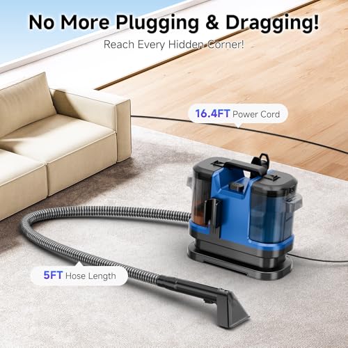 Image of Portable Carpet & Upholstery Cleaner Machine, Handheld Spot Cleaner with Dual Brush, 18KPa Suction, Large Removable Tank for Couch, Car, Stairs, Rugs & Pet Stains, Blue