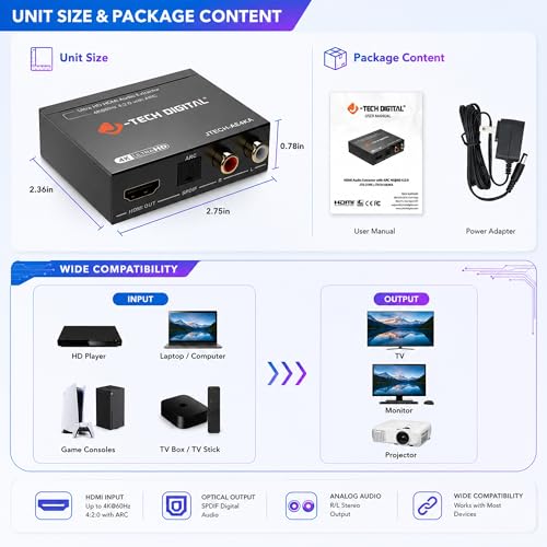 J-Tech Digital HDMI Audio Extractor 4K 60Hz & ARC Support, HDMI to RCA Optical Compatible with Dolby Digital DTS Stereo for Laptop Blu-Ray Gaming Consoles (JTECH-AE4KA)