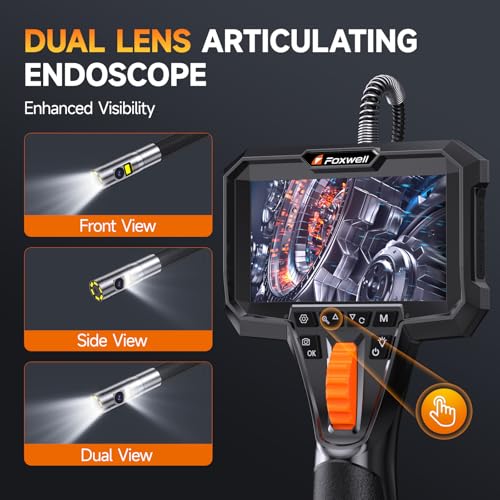 Image of FOXWELL Dual Lens Articulating Borescope, 0.25in Slim 220 Two-Way Endoscope Camera with LED Light, IPS HD Screen, IP67 Waterproof Snake Camera for Automotive, Pipe, Wall & Engine Inspection - 5.3FT