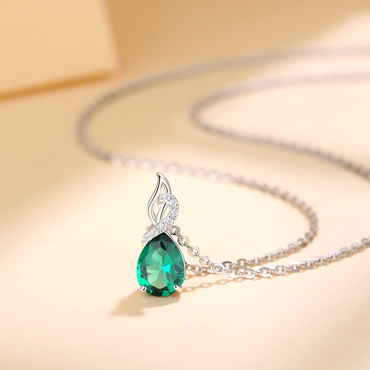 FANCIME 14K Solid White Gold Teardrop Pendant with Diamond Birthstone Necklace - Image 4