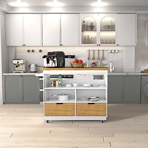 Vekoo Kitchen Island Cart With Storage Rolling Mobile Kitchen Island On Wheels With 2 Large Drawers Island Table With Wood Top And Open Shelves & Wine Rack & Spice Rack For Kitchen #TOP2
