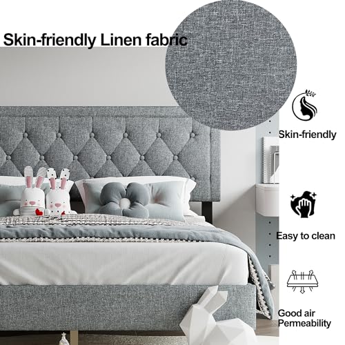 Moldura de cama de painel tamanho queen com cabeceira ajustável com botões para quarto/estofado de l