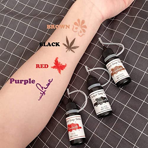 Jacknb Temporary Tattoo Kit Jagua Gel Semi Permanent Tattoo Freehand Ink 4 Bottles (2Oz) Diy Tattoos Fake Freckles Body Art Paint Kits 40 Pcs Free Tattoos Stencils (Black/Red/Purple/Brown) #TOP2