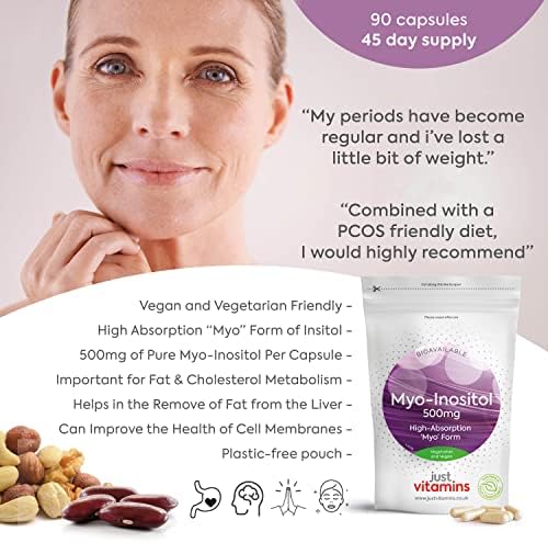 Myo-Inositol Capsules - 500mg x90 Capsules - Pure Premium Quality Myo Inositol Vitamin B8 - Female Hormone, Fertility, PCOS, Ovarian Function and Cycle Support Supplement by Just Vitamins. UK Made