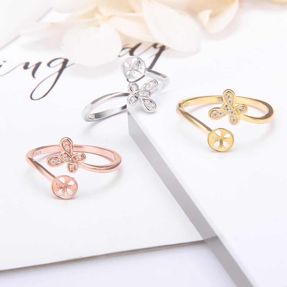 Butterfly CZ Adjustable Rings for Women Sterling Silver/Gold Plated/Rose Gold Plated, Design Ring Mounts Fittings with Pearl Seat for DIY Jewelry Making
