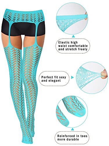 6 Pairs Women Fishnet Thigh High Stockings Garter Belts and Suspender Pantyhose Stockings for Halloween (Classic, White, Grey, Light Blue, Carmine, Fluorescent Green, Black,X-Large-XX-Large)3