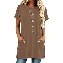 Poetsky 2026 Womens Tunic Tops for Leggings with Pockets Short Sleeve Side Buttons Casual Long T Shirts S-3XL