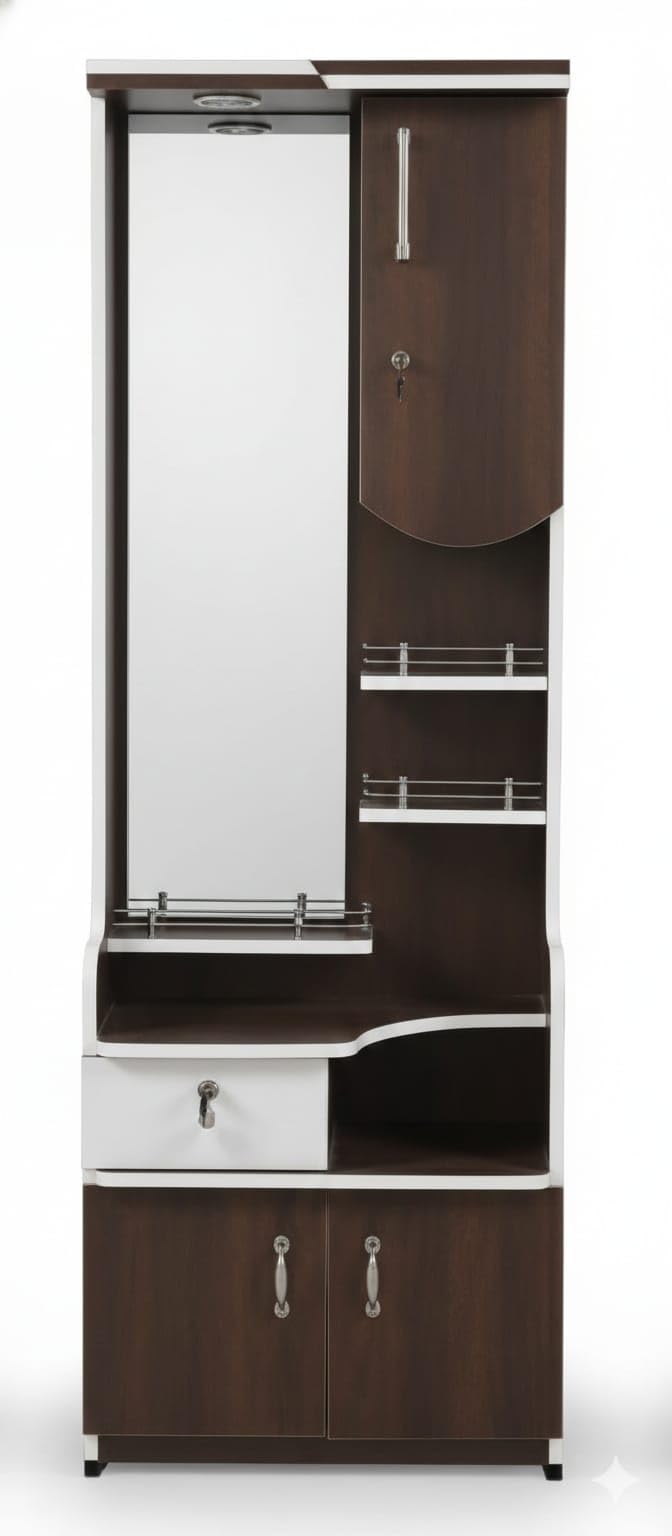 Dressing Table with Mirror, Brown and White, Storage Cabinet with Drawers, Lockable Doors, Metal Railings-image-46