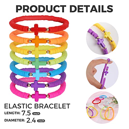 Rainbow Beaded Bracelets For Women Girls Cross Charm Bohemian Stackable Clay Beads Heishi Bracelets Set Colorful Religion Stretch Layering Surfer Friendship Bracelets Summer Beach Boho Jewelry Gift #TOP3
