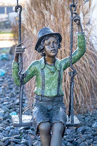 IDYL Escultura de bronce de niño sobre columpio, resistente a la intemperie, hecha a mano