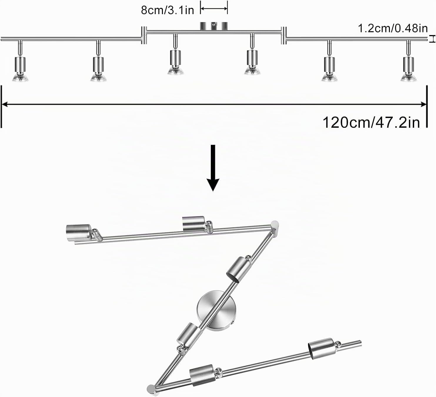 wowatt Faretti da Soffitto 6 Luci LED Lampadina Gu10 Bianca Fredda 6000K 5W | Lampadario Faretti Orientabili Cromati, Binario Lampada LED Soffitto Moderna per Soggiorno, Cucina, Corridoio, Salotto, Bagno