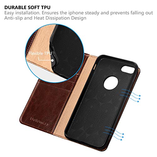 Belemay Iphone 8 Wallet Case, Iphone 8 Case, Genuine Cowhide Leather Flip Case [Slim Fit] Folio Cover [Durable Soft Tpu Inner Case] Card Holder Slots, Kickstand, Cash Pocket Compatible Iphone 8, Brown #TOP4