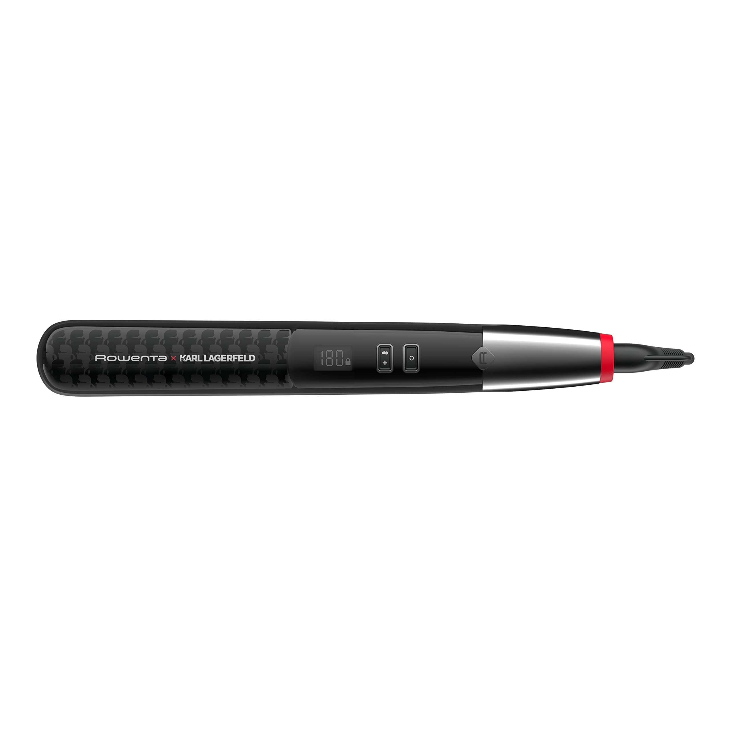 Rowenta x Karl Lagerfeld SF467L K/Pro Stylist Haarglätter, Keratin & Glow-Beschichtung, Ionen-Funktion, Federnd gelagerte Glättplatten, von 140°C bis 210°C, integrierter Kamm, Schwarz/Rot