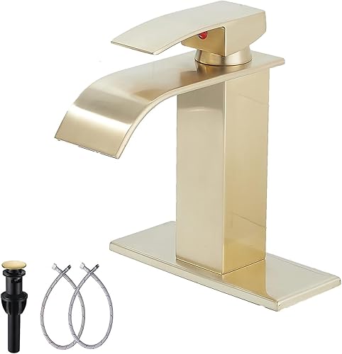GGStudy - Grifo de baño dorado cepillado con cascada para fregadero de baño, montaje en cubierta, manija única, 1 agujero, grifo de tocador de baño GGStudy - Grifo de baño dorado cepillado con cascada para fregadero de baño, montaje en cubierta, manija única, 1 agujero, grifo de tocador de baño