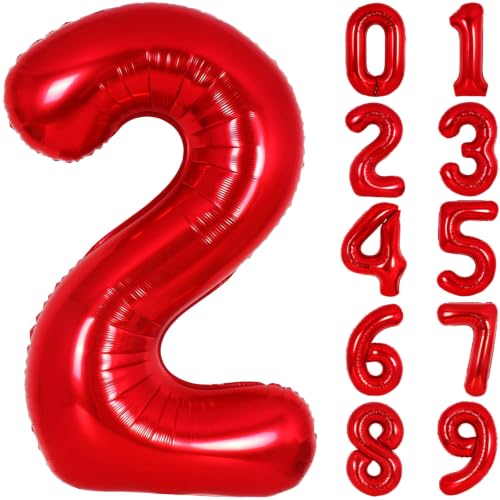 Image of Number Balloons Red Party Balloon - 40 Inch Large Number 2 Balloon, Numbers Balloon Birthday Decorations, Red Party Supplies for Anniversary