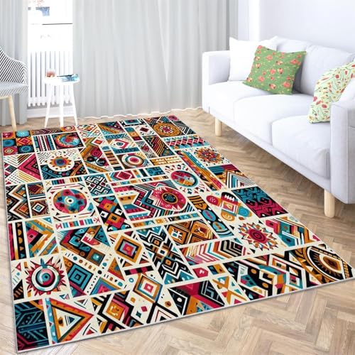 UUZEAI Alfombra geométrica Colorida, Bohemia, Lavable, para Sala de Estar, Estilo étnico Persa, Antideslizante, para Dormitorio, Comedor y Cocina, 150x210cm