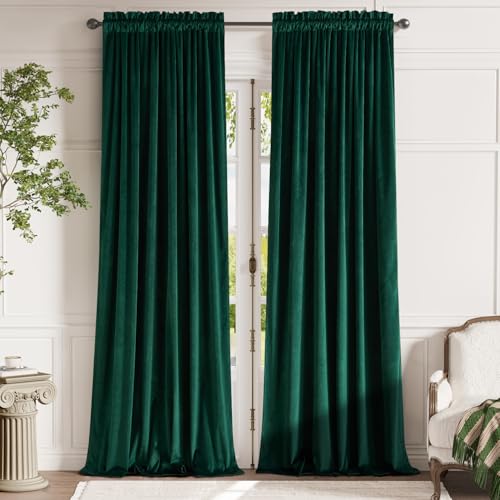 jinchan Emerald Green Velvet Curtain for Living Room Darkening Bedroom Curtains 96 Inch Long Thermal Insulated Blackout Curtain Single Panel, Soft Luxury Vintage Window Covering Rod Pocket 1 Panel