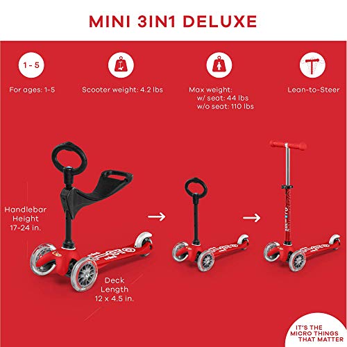 Micro Kickboard - Mini 3In1 Deluxe - Three Wheeled, Lean-To-Steer Swiss-Designed Micro Scooter For Toddlers With 3 Riding Options For Ages 1-5 (Red) #TOP1