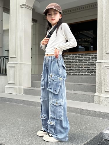 Image of Rolanko Girls Cargo Pants Baggy Y2K Cargo Trousers Jeans Wide Leg Pants with Multi Pockets 4-15 Years