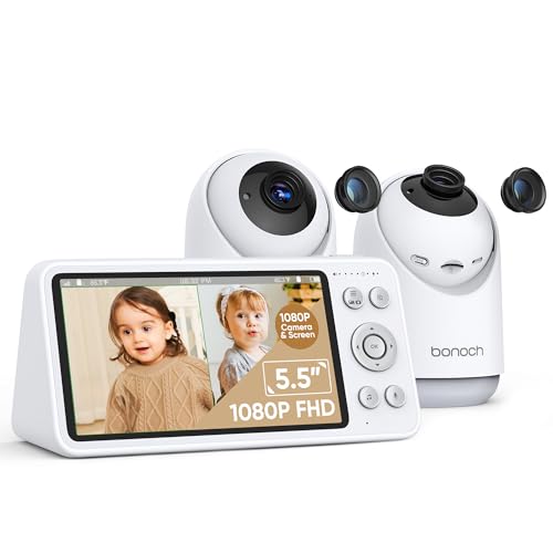 Image of bonoch Baby Monitor with 2 Cameras - 1800ft Ultra Long Range Split Screen Dual Baby Monitor No WiFi with Camera and Audio, 7800 mAh, Auto Night Vision, 110° Wide-Angle, Recording & Playback, VOX