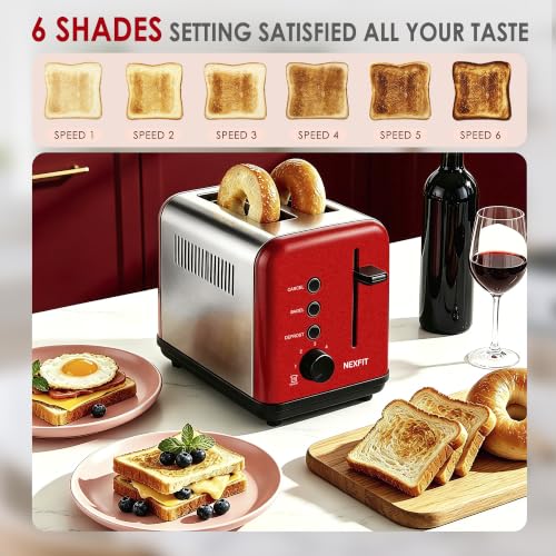 Image of Toaster 2 Slice, Stainless Steel, 6 Shade Settings, 1.5 inch Extra Wide Slots | NEXFIT Retro Toaster with Bagel, Defrost, Reheat & Cancel Functions, 900W, Removable Crumb Tray, High Lift, Cord Wrap, Red