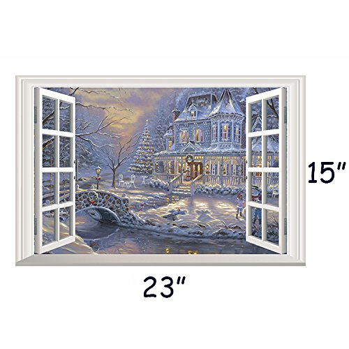 Dnven Merry Christmas Wall Decals 3D Christmas Winter Castle Snowing False Faux Window Mural High Definition Vinyl Bedroom Living Room Playroom Stickers 23 Inches X 15 Inches #TOP2