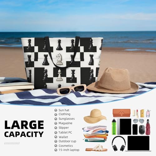 Large Beach Bags for Women Sandproof - Chess Black White Print Summer Travel Work Tote Bags with Zipper4