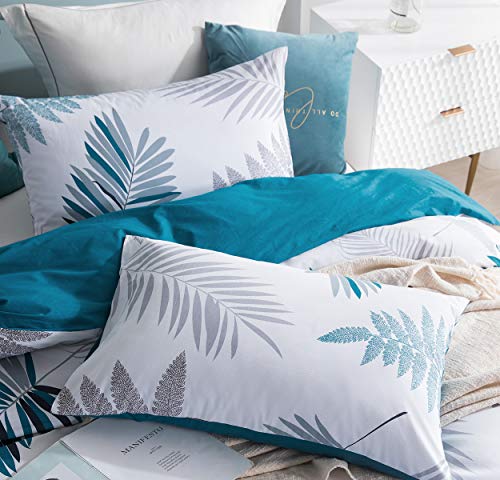 Image of SLEEPBELLA Duvet Cover Set, 600 Thread Count Cotton Leaf Botanical Pattern Print Reversible Comforter Cover Set (Queen, Teal Blue-Leaf)