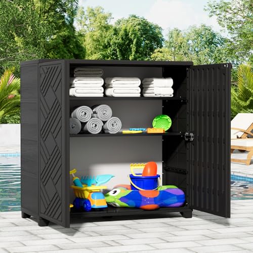 Image of KINYING Outdoor Storage Cabinet Waterproof with 2 Shelves, 60 Gallon Resin Storage Shed for Patio /Garden /Backyard, Outdoor Storage Box for Cushions,Garden Tools and Pool Supplies,Black