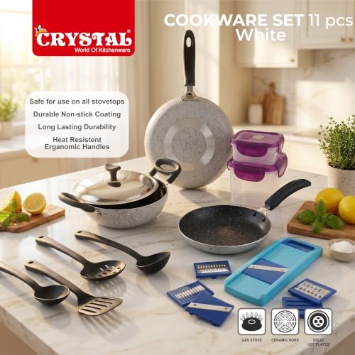 Image of Crystal 11 Pcs Non Stick Cookware Set with Storage Containers | Gas Stove Friendly | Tawa, Fry Pan, Kadhai with Lid, 4 Serving Spoons, 2 Containers & Grater Set | PFOA Free Coating